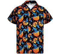King Kameha Men's Halloween-Shirt Digital-Printed Pumpkins Skeleton Short-Sleeve Button-Down, Pumpkin-Hat, Multi-Blue, 4XL
