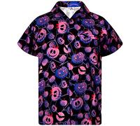 King Kameha Men's Halloween-Shirt Digital-Printed Pumpkins Skeleton Short-Sleeve Button-Down, Pumpkin-Web, Purple, 5XL