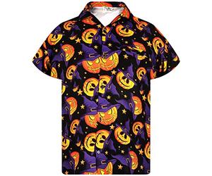 King Kameha Men's Halloween-Shirt Digital-Printed Pumpkins Skeleton Short-Sleeve Button-Down, Pumpkin-Hat, Multi-Purple, XL