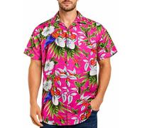 King Kameha Mens Hawaiian Shirt Short Sleeve, Cherryparrot, Pink, XL
