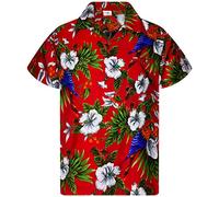 King Kameha Mens JK-Flowers Casual Aloha Hawaiian-Shirt Parrots, JK-Cherry-Parrot, Red, M