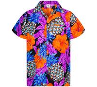 King Kameha Men's Pineapple-Desings Summer-Party-Shirts Short-Sleeve, Pineapple-Hibiscus, Black-Purple, 6XL