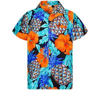 King Kameha Men's Pineapple-Desings Summer-Party-Shirts Short-Sleeve, Pineapple-Hibiscus, Black-Turquoise, 3XL