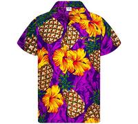 King Kameha Men's Pineapple-Desings Summer-Party-Shirts Short-Sleeve, Pineapple-Hibiscus, Purple, 5XL