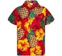 King Kameha Men's Pineapple-Desings Summer-Party-Shirts Short-Sleeve, Pineapple-Hibiscus, Red, M