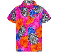 King Kameha Men's Pineapple-Desings Summer-Party-Shirts Short-Sleeve, Pineapple-Hibiscus, Shadow-Pink, XXL