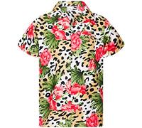 King Kameha Men's Regular-Fit Hawaiian-Shirts Casual Animal-Print-Shirt, Leopard-Flowers, Beige-Natural, 5XL