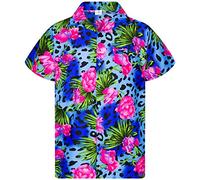 King Kameha Men's Regular-Fit Hawaiian-Shirts Casual Animal-Print-Shirt, Leopard-Flowers, Blue, XXL
