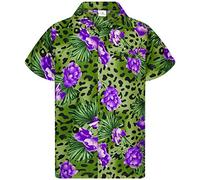 King Kameha Men's Regular-Fit Hawaiian-Shirts Casual Animal-Print-Shirt, Leopard-Flowers, Dark-Green, XS