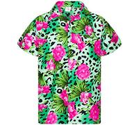 King Kameha Men's Regular-Fit Hawaiian-Shirts Casual Animal-Print-Shirt, Leopard-Flowers, Green, L