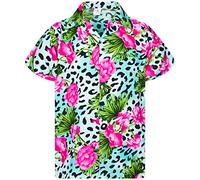 King Kameha Men's Regular-Fit Hawaiian-Shirts Casual Animal-Print-Shirt, Leopard-Flowers, Lightblue, 3XL