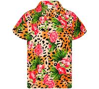 King Kameha Men's Regular-Fit Hawaiian-Shirts Casual Animal-Print-Shirt, Leopard-Flowers, Orange, XXL