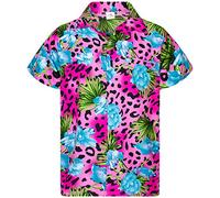 King Kameha Men's Regular-Fit Hawaiian-Shirts Casual Animal-Print-Shirt, Leopard-Flowers, Pink, 6XL