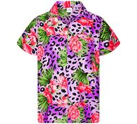 King Kameha Men's Regular-Fit Hawaiian-Shirts Casual Animal-Print-Shirt, Leopard-Flowers, Purple, S
