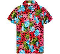 King Kameha Men's Regular-Fit Hawaiian-Shirts Casual Animal-Print-Shirt, Leopard-Flowers, Red, XXL