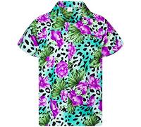 King Kameha Men's Regular-Fit Hawaiian-Shirts Casual Animal-Print-Shirt, Leopard-Flowers, Turquoise, XS