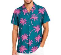 King Kameha Men's Shirt Short-Sleeve Casual-Button-Down Hawaii-Vacation, Palm-Shadow, Dark-Green-Pink, L