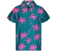 King Kameha Men's Shirt Short-Sleeve Casual-Button-Down Hawaii-Vacation, Palm-Shadow, Dark-Green-Pink, XL
