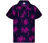 King Kameha Men's Shirt Short-Sleeve Casual-Button-Down Hawaii-Vacation, Palm-Shadow, Navy-Pink, XL