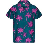 King Kameha Men's Shirt Short-Sleeve Casual-Button-Down Hawaii-Vacation, Palm-Shadow, Petrol-Pink, 4XL