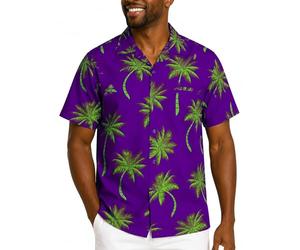 King Kameha Men's Shirt Short-Sleeve Casual-Button-Down Hawaii-Vacation, Palm-Shadow, Purple-Green, XL