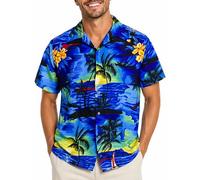 King Kameha Men's Surf-Shirt Short-Sleeve Casual-Button-Down Hawaii-Vacation, Surf, Blue, M