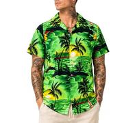King Kameha Men's Surf-Shirt Short-Sleeve Casual-Button-Down Hawaii-Vacation, Surf, Green, M