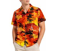 King Kameha Men's Surf-Shirt Short-Sleeve Casual-Button-Down Hawaii-Vacation, Surf, Orange, 3XL