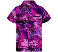 King Kameha Men's Surf-Shirt Short-Sleeve Casual-Button-Down Hawaii-Vacation, Surf, Pink-Purple, XL