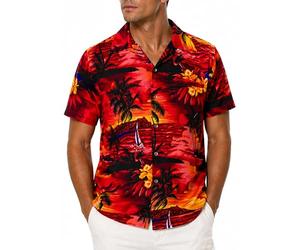 King Kameha Men's Surf-Shirt Short-Sleeve Casual-Button-Down Hawaii-Vacation, Surf, Red, 4XL