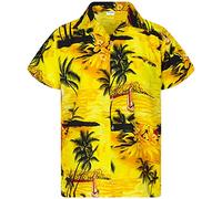 King Kameha Men's Surf-Shirt Short-Sleeve Casual-Button-Down Hawaii-Vacation, Surf, Yellow, XL