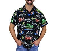 King Kameha Men's Ugly-Christmas-Shirt Funky Short-Sleeve Button-Up Christmas Print Casual, Christmas-Island, Multi-Black, L