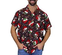 King Kameha Men's Ugly-Christmas-Shirt Funky Short-Sleeve Button-Up Christmas Print Casual, Christmas-Flying-Hats, Red, S