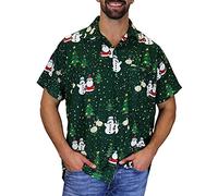 King Kameha Men's Ugly-Christmas-Shirt Funky Short-Sleeve Button-Up Christmas Print Casual, Christmas-Buddies, Green, M