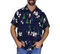 King Kameha Men's Ugly-Christmas-Shirt Funky Short-Sleeve Button-Up Christmas Print Casual, Christmas-Buddies, Blue, 3XL
