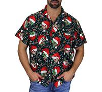King Kameha Men's Ugly-Christmas-Shirt Funky Short-Sleeve Button-Up Christmas Print Casual, Christmas-Flying-Hats, Green, 3XL