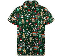 King Kameha Men's Ugly-Christmas-Shirt Funky Short-Sleeve Button-Up Christmas Print Casual, Ginger-Bread, Green, 4XL