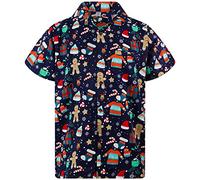 King Kameha Men's Ugly-Christmas-Shirt Funky Short-Sleeve Button-Up Christmas Print Casual, Ginger-Bread, Blue, 3XL