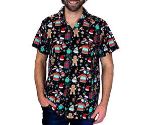 King Kameha Men's Ugly-Christmas-Shirt Funky Short-Sleeve Button-Up Christmas Print Casual, Ginger-Bread, Black, L