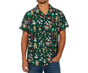 King Kameha Men's Ugly-Christmas-Shirt Funky Short-Sleeve Button-Up Christmas Print Casual, Ginger-Bread, Green, XXL