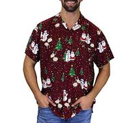 King Kameha Men's Ugly-Christmas Shirt - Funky Short-Sleeve Button-Up Christmas Print Casual, Red, S