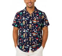 King Kameha Men's Ugly-Christmas-Shirts Funky Short-Sleeve Button-Up Ginger-Bread Print Casual