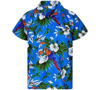 King Kameha Mens Vintage-Hawaiian-Shirt Casual-Short-Sleeve Button-Down Bird-Designs, Cherry-Parrot, Blue, XL