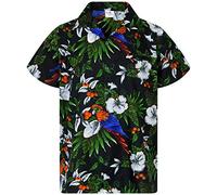 King Kameha Mens Vintage-Hawaiian-Shirt Casual-Short-Sleeve Button-Down Bird-Designs, Cherry-Parrot, Black, M