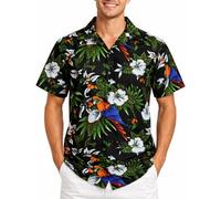 King Kameha Mens Vintage-Hawaiian-Shirt Casual-Short-Sleeve Button-Down Bird-Designs, Cherry-Parrot, Black, 5XL