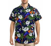 King Kameha Mens Vintage-Hawaiian-Shirt Casual-Short-Sleeve Button-Down Bird-Designs, Cherry-Parrot, Dark-Blue, XS