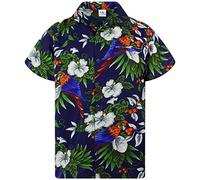 King Kameha Mens Vintage-Hawaiian-Shirt Casual-Short-Sleeve Button-Down Bird-Designs, Cherry-Parrot, Dark-Blue, XL