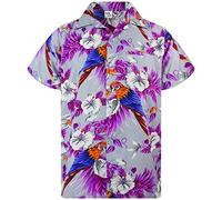 King Kameha Mens Vintage-Hawaiian-Shirt Casual-Short-Sleeve Button-Down Bird-Designs, Cherry-Parrot, Grey, XL