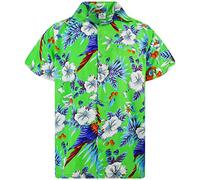 King Kameha Mens Vintage-Hawaiian-Shirt Casual-Short-Sleeve Button-Down Bird-Designs, Cherry-Parrot, Lemon-Green, M