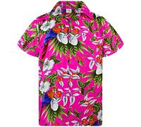 King Kameha Mens Vintage-Hawaiian-Shirt Casual-Short-Sleeve Button-Down Bird-Designs, Cherry-Parrot, Pink, XL